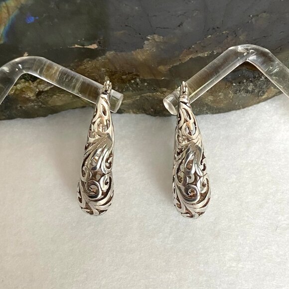 VTG Jezlaine Sterling Silver 925 Pierced Hinged Scrollwork Oval Hoop Earrings - Picture 7 of 16